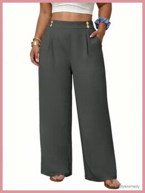 Plus Size High Waisted Wide Leg Work Pants with Pockets